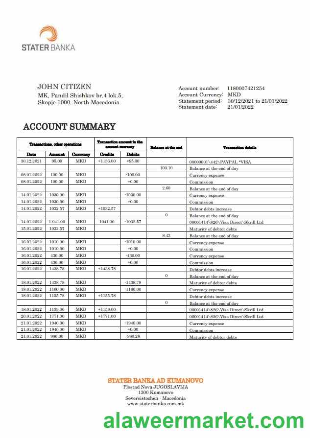 North Macedonia Stater Banka bank statement